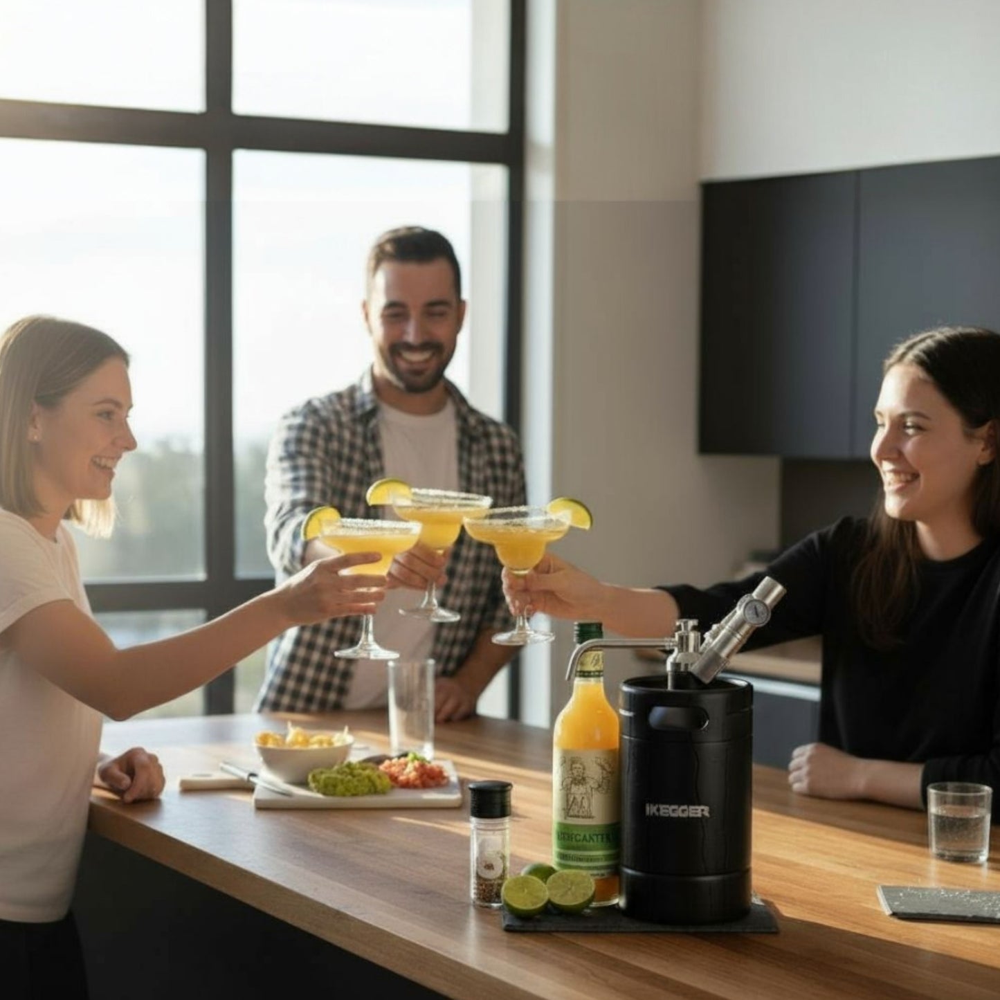 Three people at a bar counter clinking margarita cocktails together, with a focus on a black ikegger cocktail mini keg