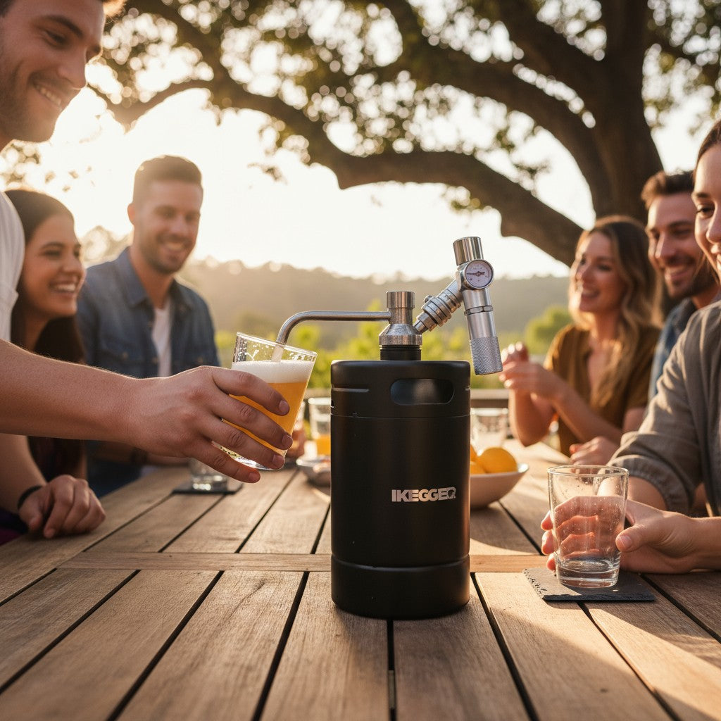 Group of people enjoying a iKegger beer keg outdoors.